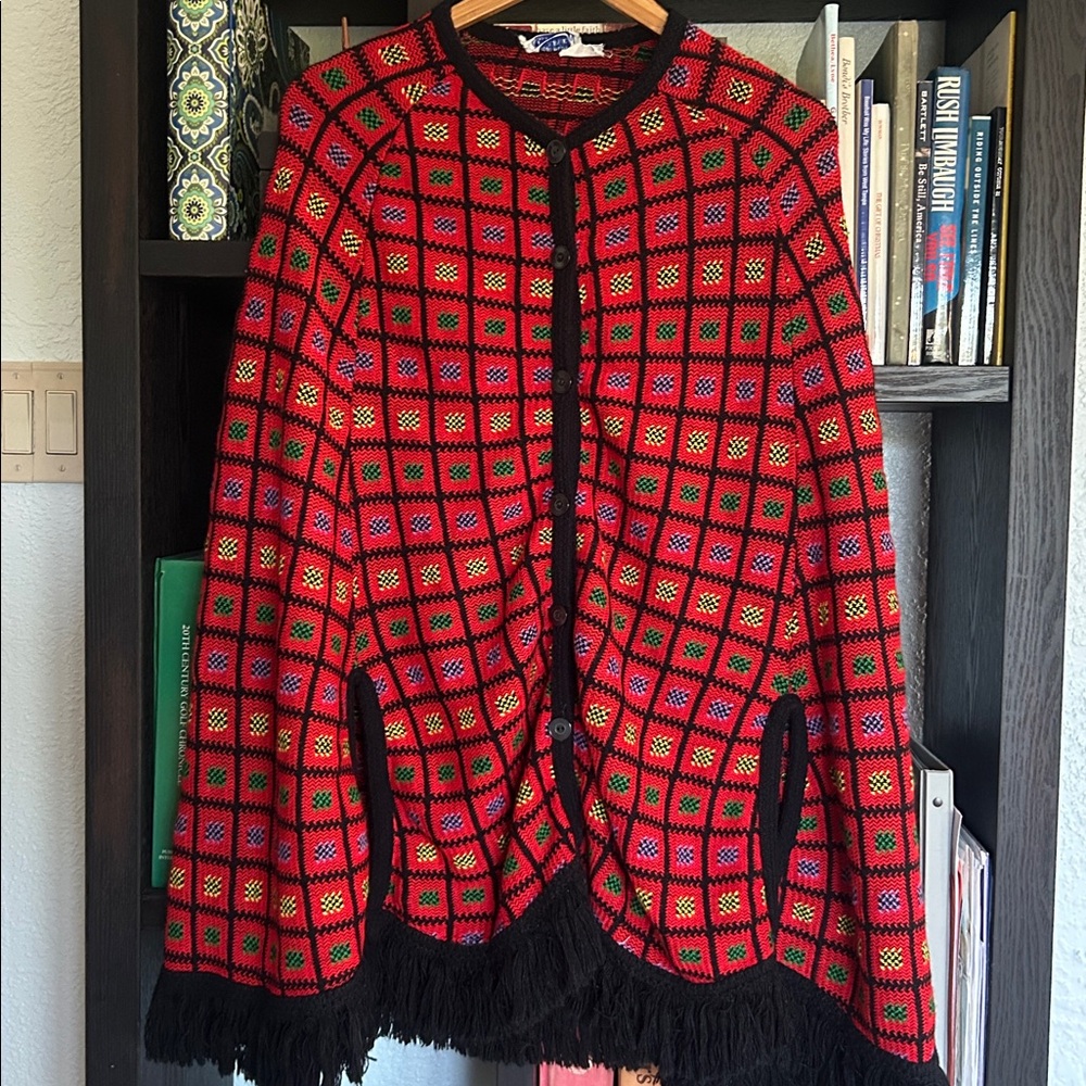 Vintage Made in USA Union made 1960s red checkered button up fringe trim poncho